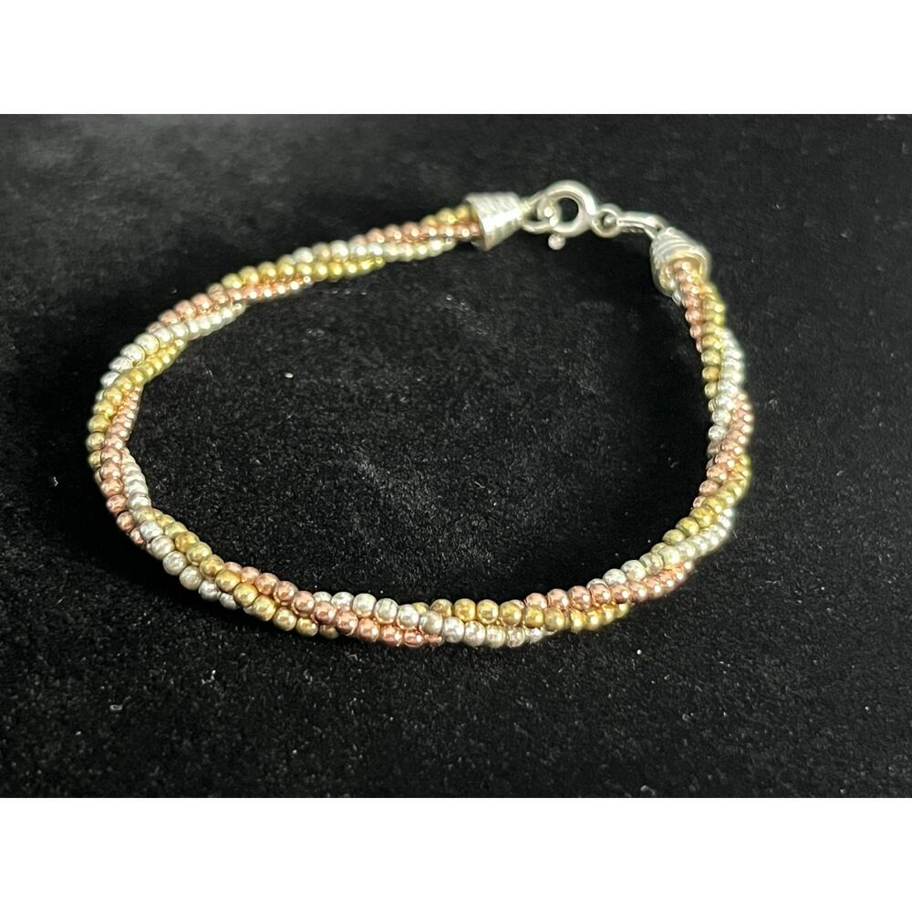 Sterling Silver Tri-Color Multi-Strand Faceted Bead Bracelet Gold Rose Silver